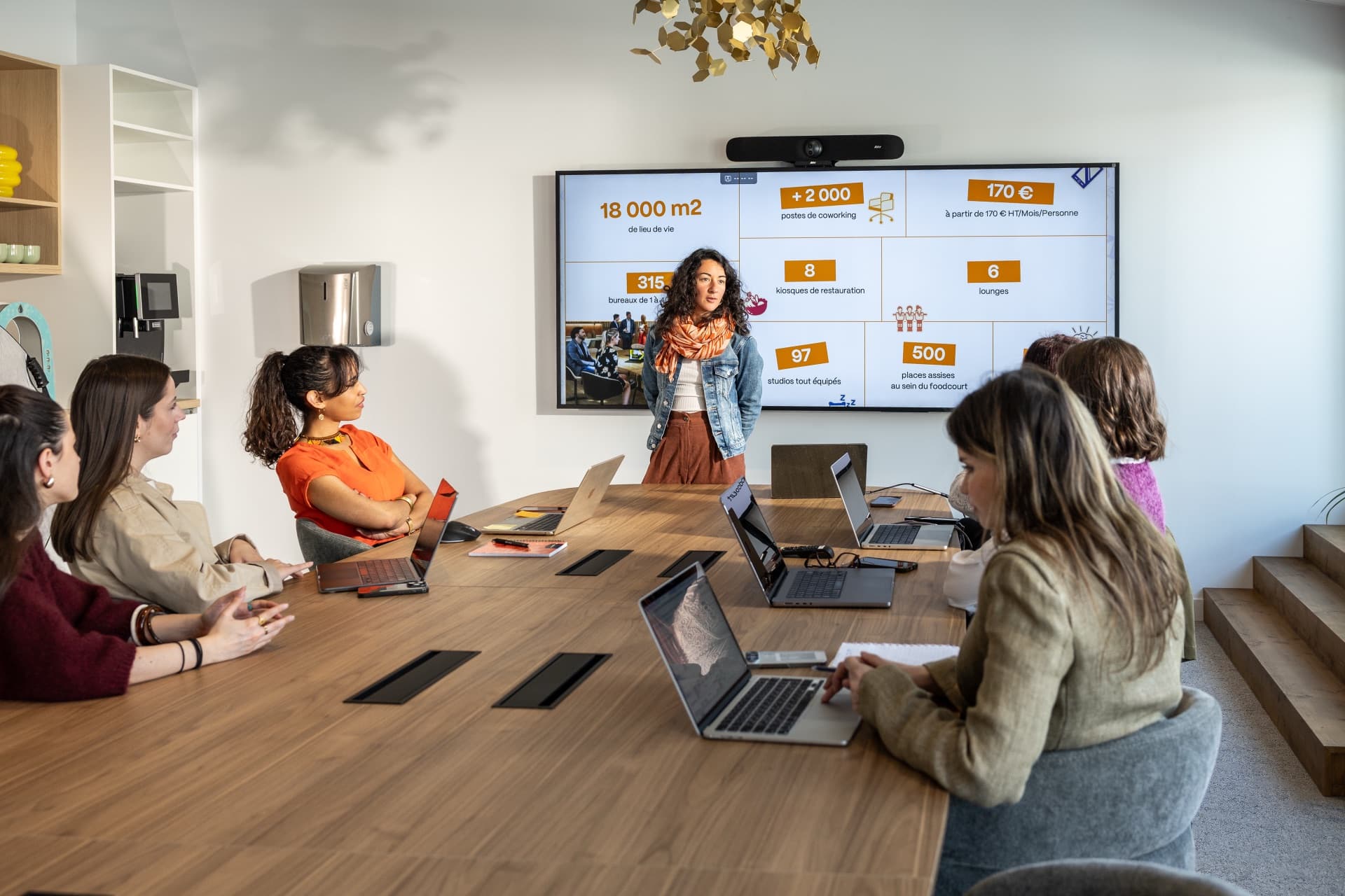 Une réunion dans une salle du PIC, écran mural et grande table en bois